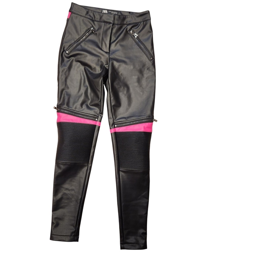 Zara High Rise Faux Black And Pink Leather Motorcyle Leggings With Zippers Sz XS